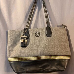 Nine West Gray Black Striped Tote Logo Charm Gold Hardware Shoulder Bag Women’s